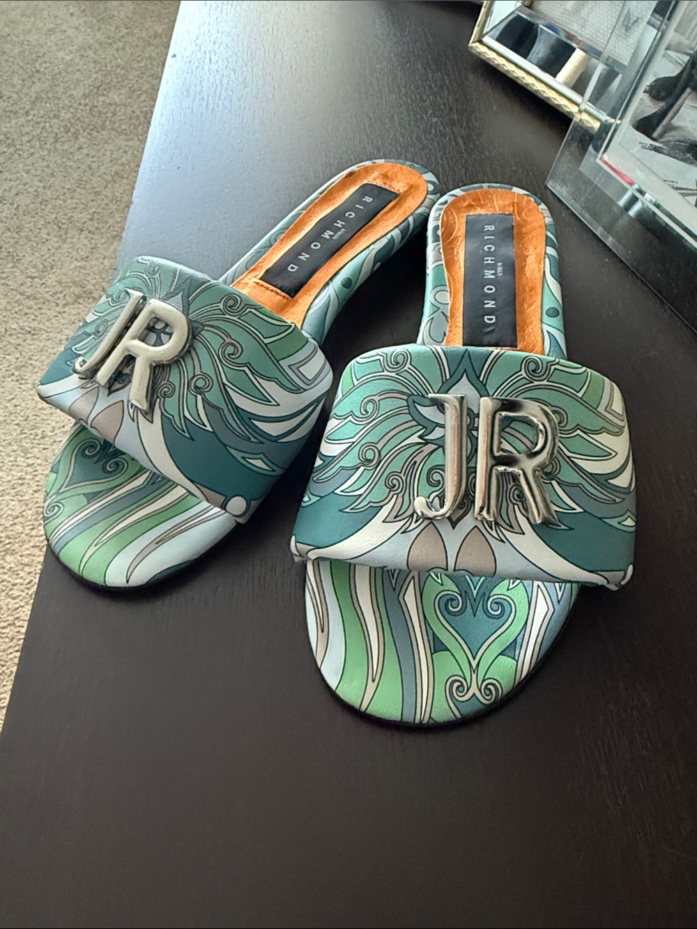 John Richmond Teal and Green Patterned Slide Mules with JR Logo
